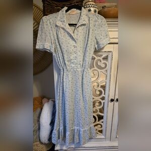 Vintage Light Blue Floral Button-Up Dress